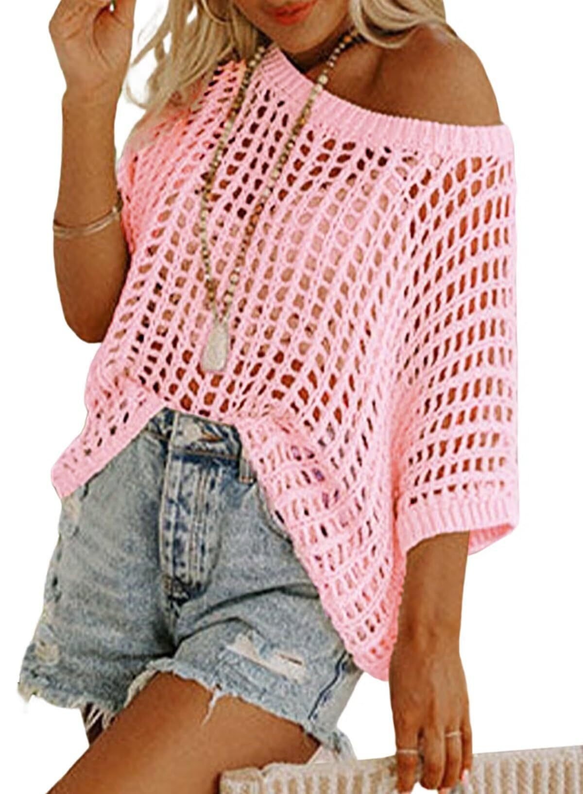 ๐2026 New Hot Sale- Womens Summer Scoop Neck Short Sleeve Sweater Casual Crochet Hollow Out Knit Tops Pullover Shirts Beach Coverup