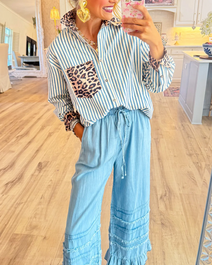 Brown Leopard Print Stripe Long Sleeve Top