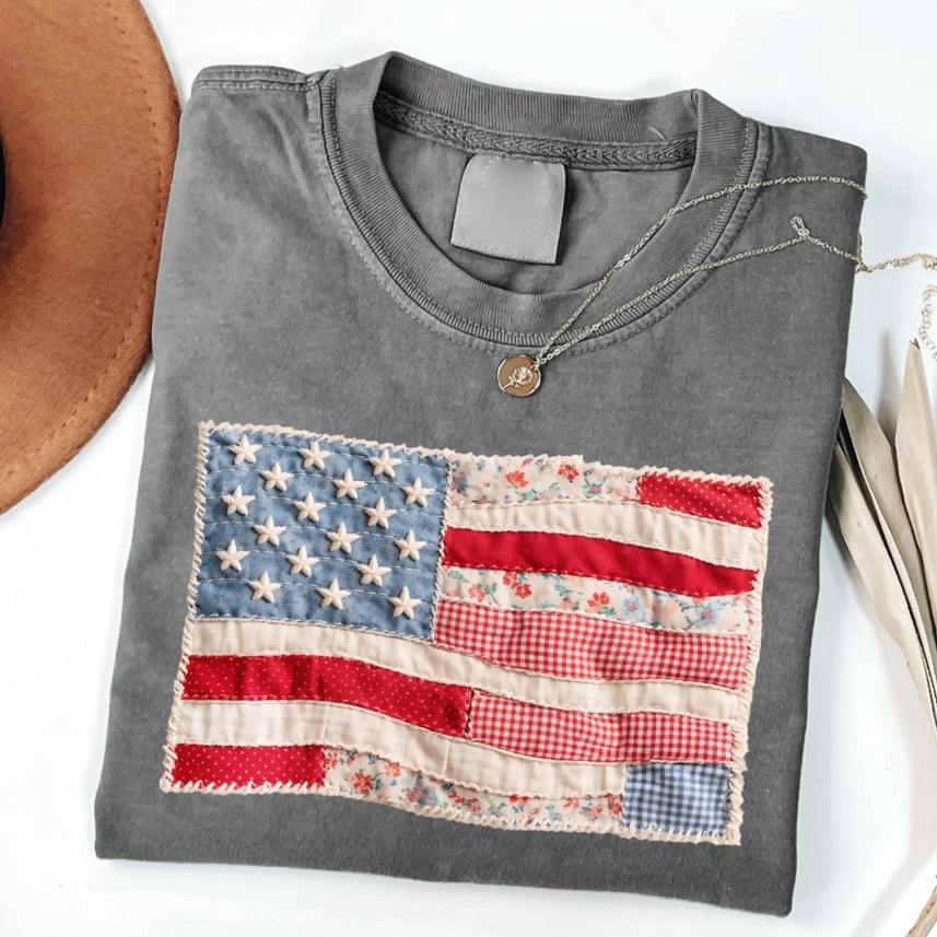 Retro American Flag Shirt, Faux Patchwork USA Tee, Digital Print Shirt, 4th of July Shirt, Patriotic Graphic Shirt, Fourth of July Shirt
