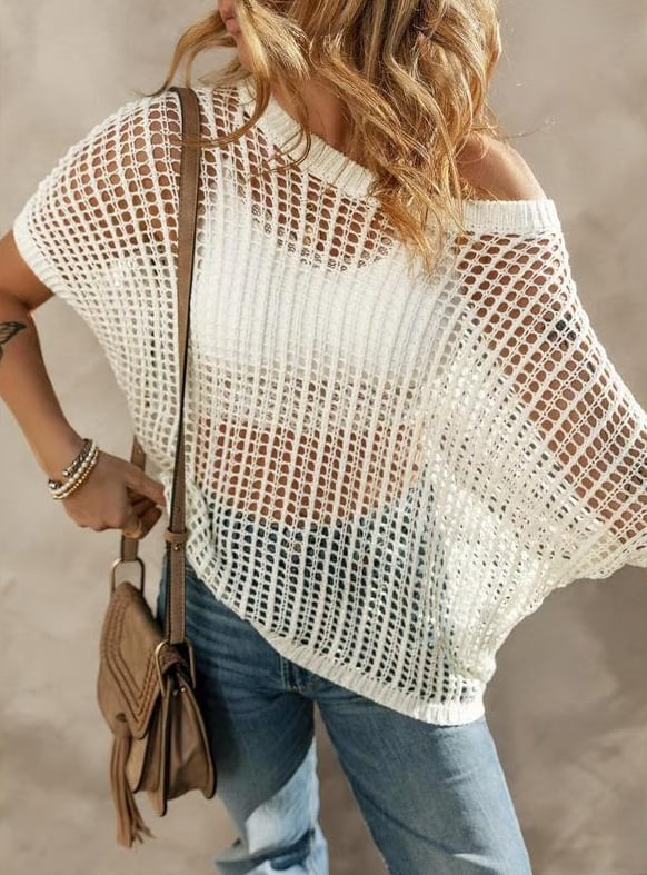🎁2026 New Hot Sale- Womens Summer Scoop Neck Short Sleeve Sweater Casual Crochet Hollow Out Knit Tops Pullover Shirts Beach Coverup