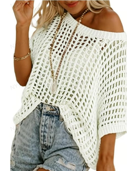 🎁2026 New Hot Sale- Womens Summer Scoop Neck Short Sleeve Sweater Casual Crochet Hollow Out Knit Tops Pullover Shirts Beach Coverup