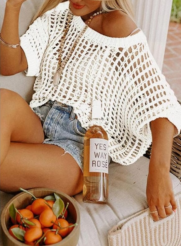 🎁2026 New Hot Sale- Womens Summer Scoop Neck Short Sleeve Sweater Casual Crochet Hollow Out Knit Tops Pullover Shirts Beach Coverup