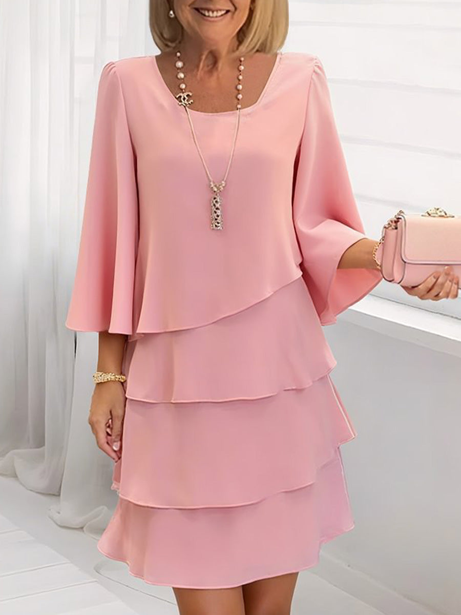 Women's Solid-color Round-neck 3/4-sleeve Casual Loose Chiffon Dress