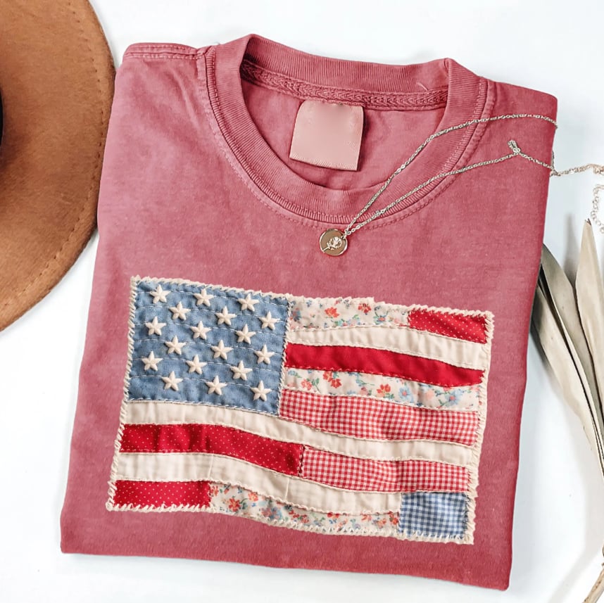 Retro American Flag Shirt, Faux Patchwork USA Tee, Digital Print Shirt, 4th of July Shirt, Patriotic Graphic Shirt, Fourth of July Shirt
