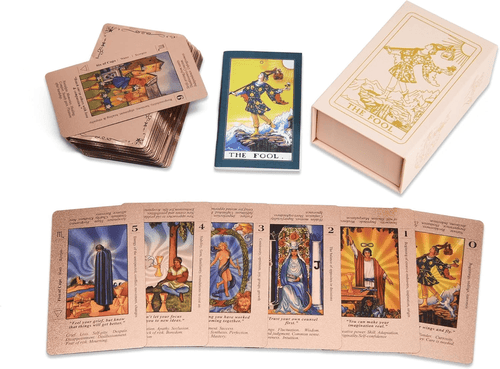 Witchy Cauldron Rose Gold Tarot Cards with Guide Book Waterproof Wrinkle Resistant Foil Tarot Deck for Beginners Includes Chakras Planets Zodiac Signs Elements & Affirmations
