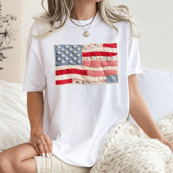 Retro American Flag Shirt, Faux Patchwork USA Tee, Digital Print Shirt, 4th of July Shirt, Patriotic Graphic Shirt, Fourth of July Shirt