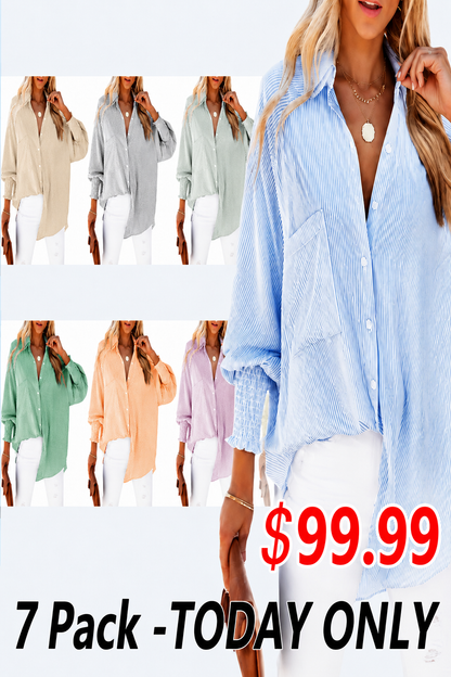 🔥2026 Clearance Item🔥Women's pleated cuffs striped shirt with pockets and casual collar