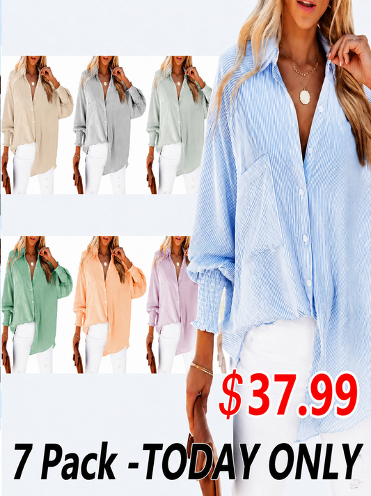 🔥2026 Clearance Item🔥Women's pleated cuffs striped shirt with pockets and casual collar