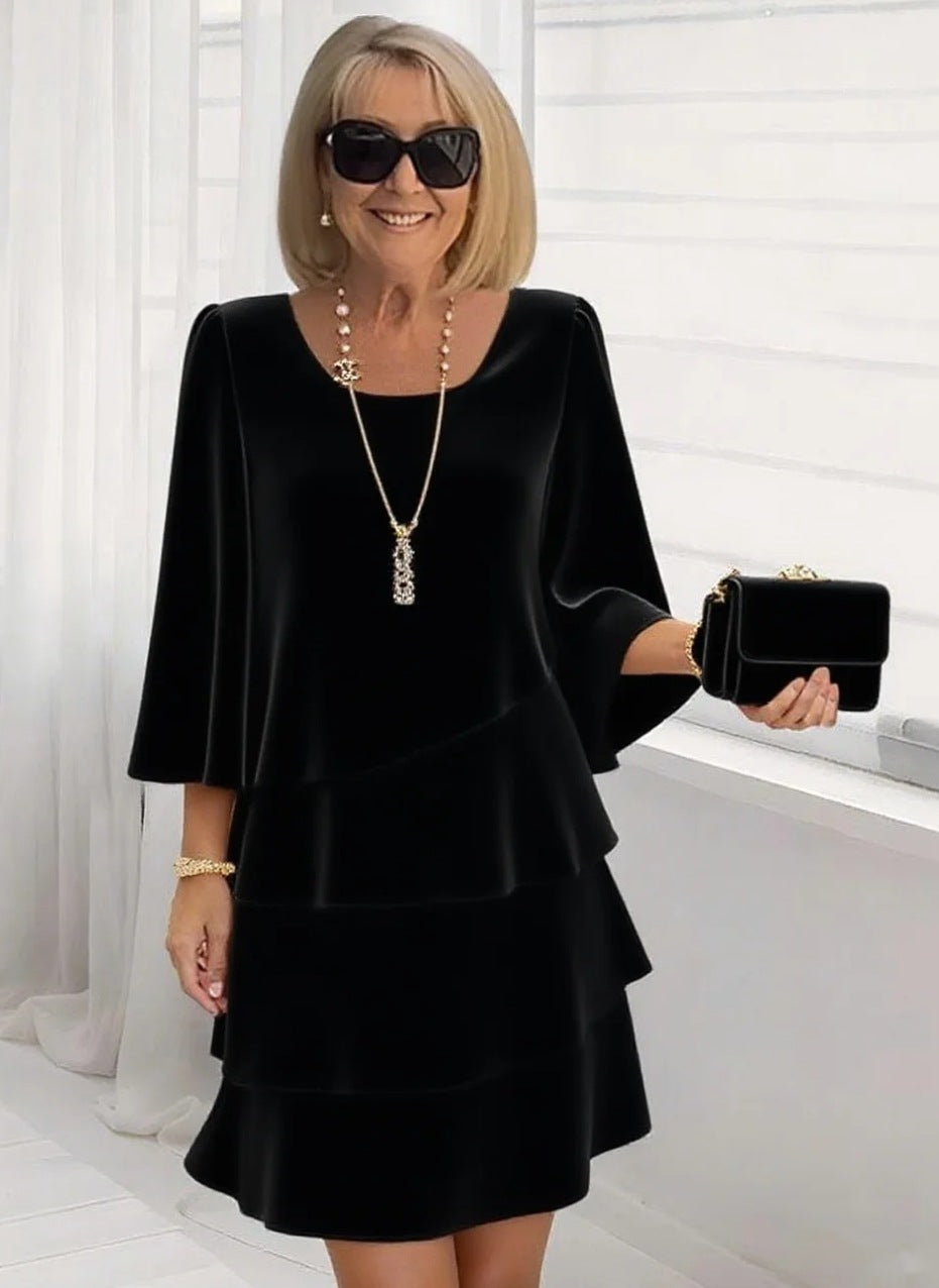 Women's Solid-color Round-neck 3/4-sleeve Casual Loose Chiffon Dress