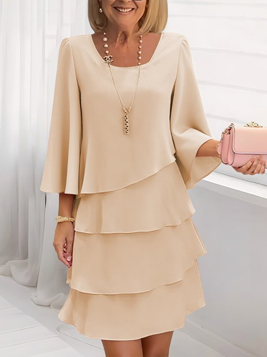 Women's Solid-color Round-neck 3/4-sleeve Casual Loose Chiffon Dress