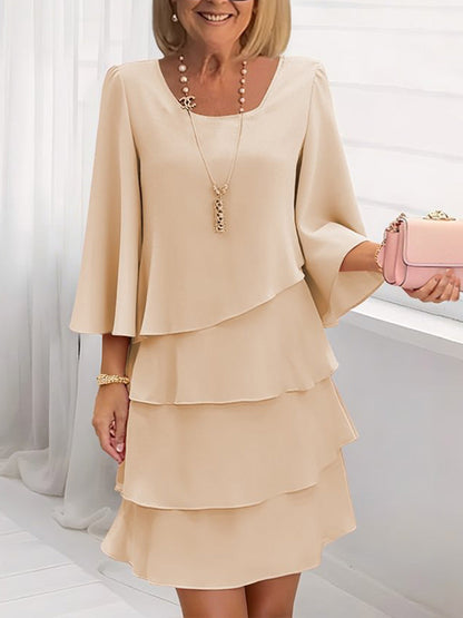 Women's Solid-color Round-neck 3/4-sleeve Casual Loose Chiffon Dress