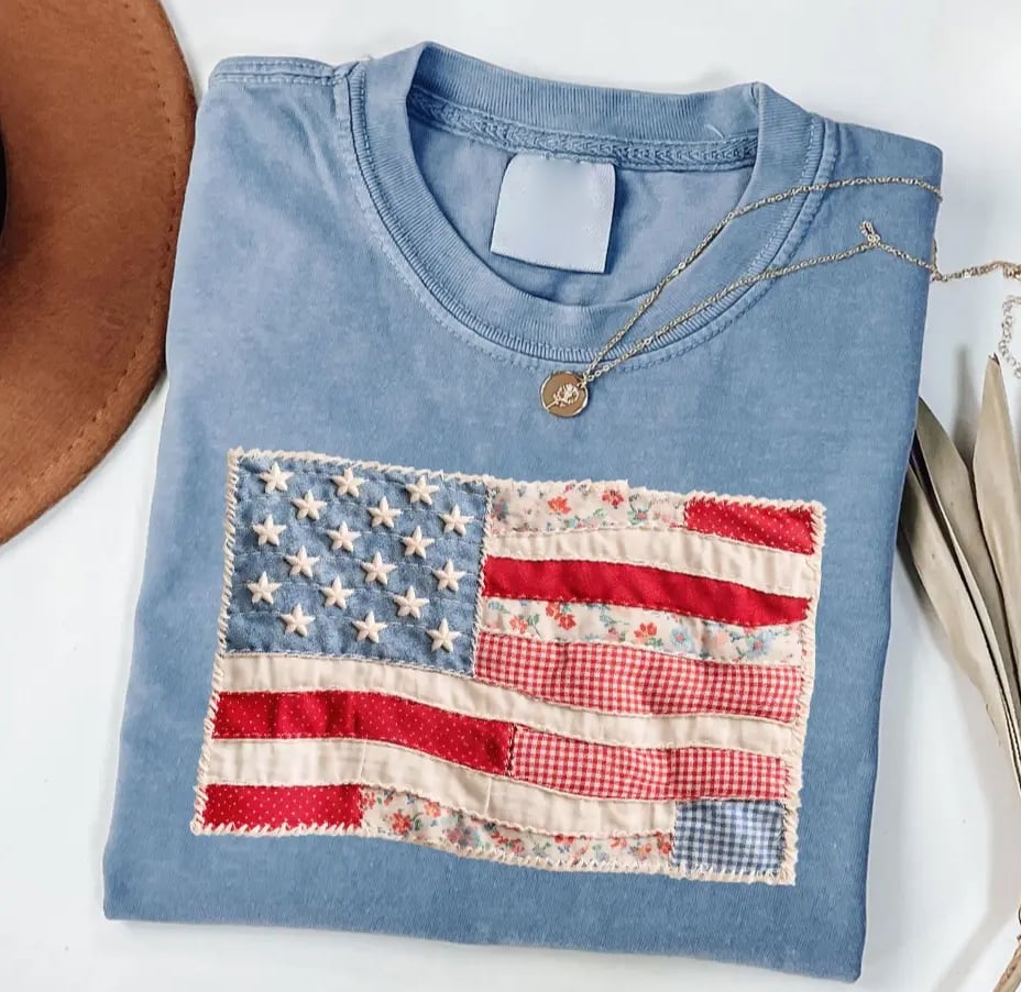 Retro American Flag Shirt, Faux Patchwork USA Tee, Digital Print Shirt, 4th of July Shirt, Patriotic Graphic Shirt, Fourth of July Shirt