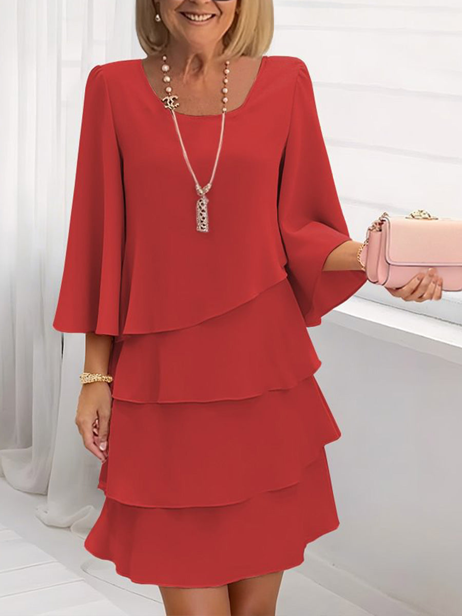 Women's Solid-color Round-neck 3/4-sleeve Casual Loose Chiffon Dress
