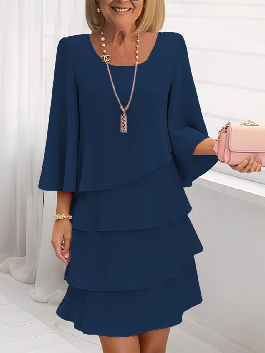 Women's Solid-color Round-neck 3/4-sleeve Casual Loose Chiffon Dress
