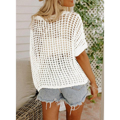 🎁2026 New Hot Sale- Womens Summer Scoop Neck Short Sleeve Sweater Casual Crochet Hollow Out Knit Tops Pullover Shirts Beach Coverup